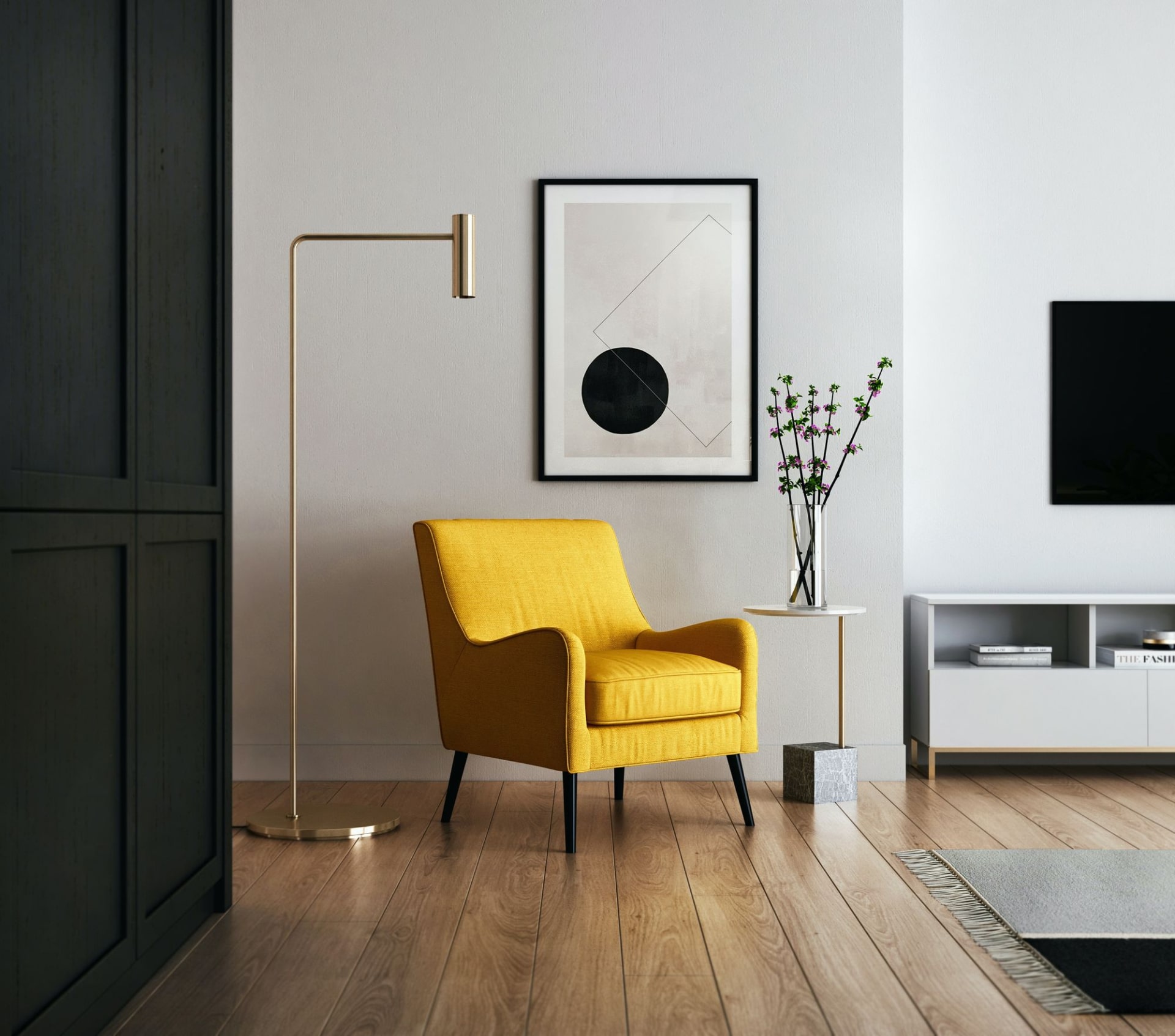 yellow chair with a modern light next to it