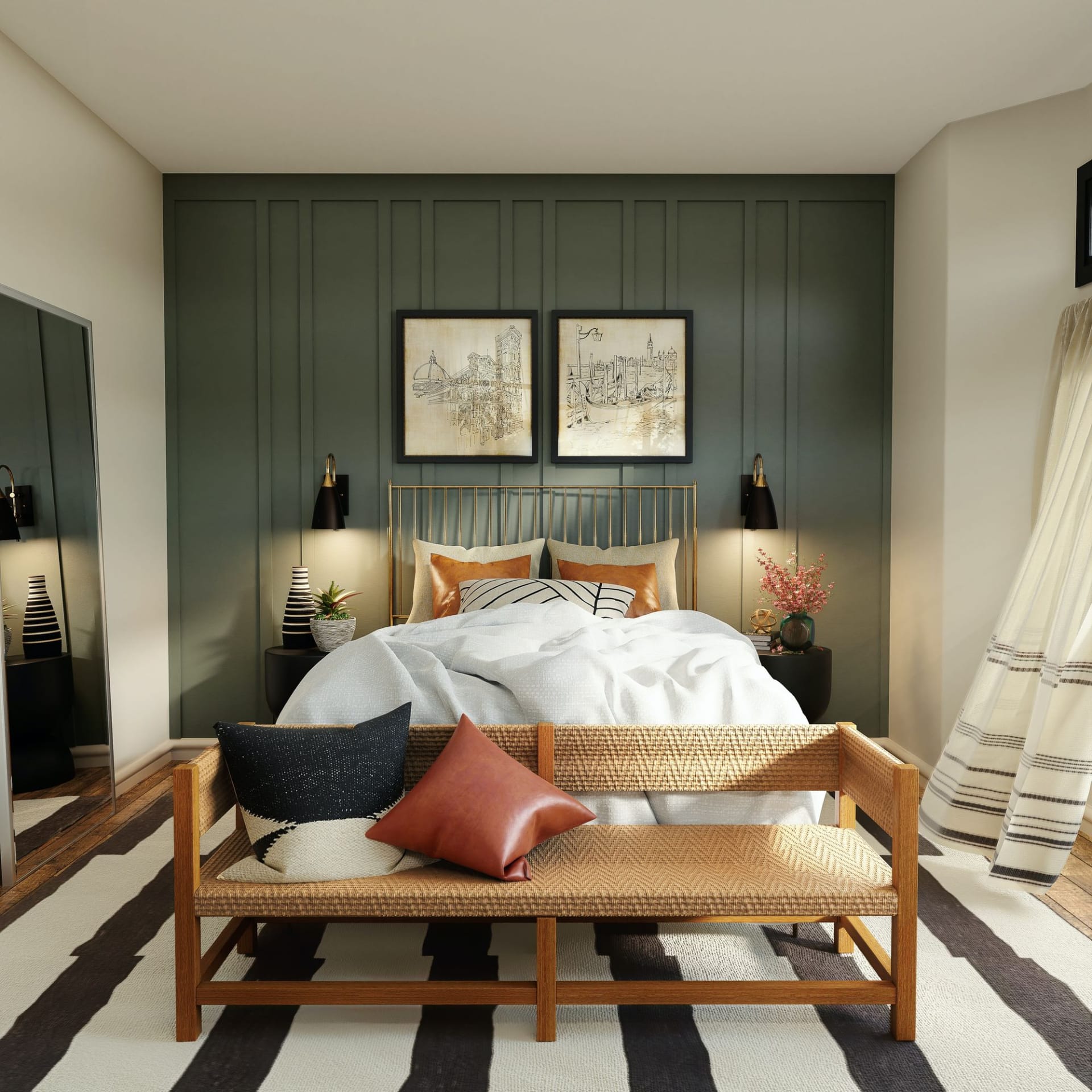 bedroom with a brass bed frame and a bench at the foot of the bed.