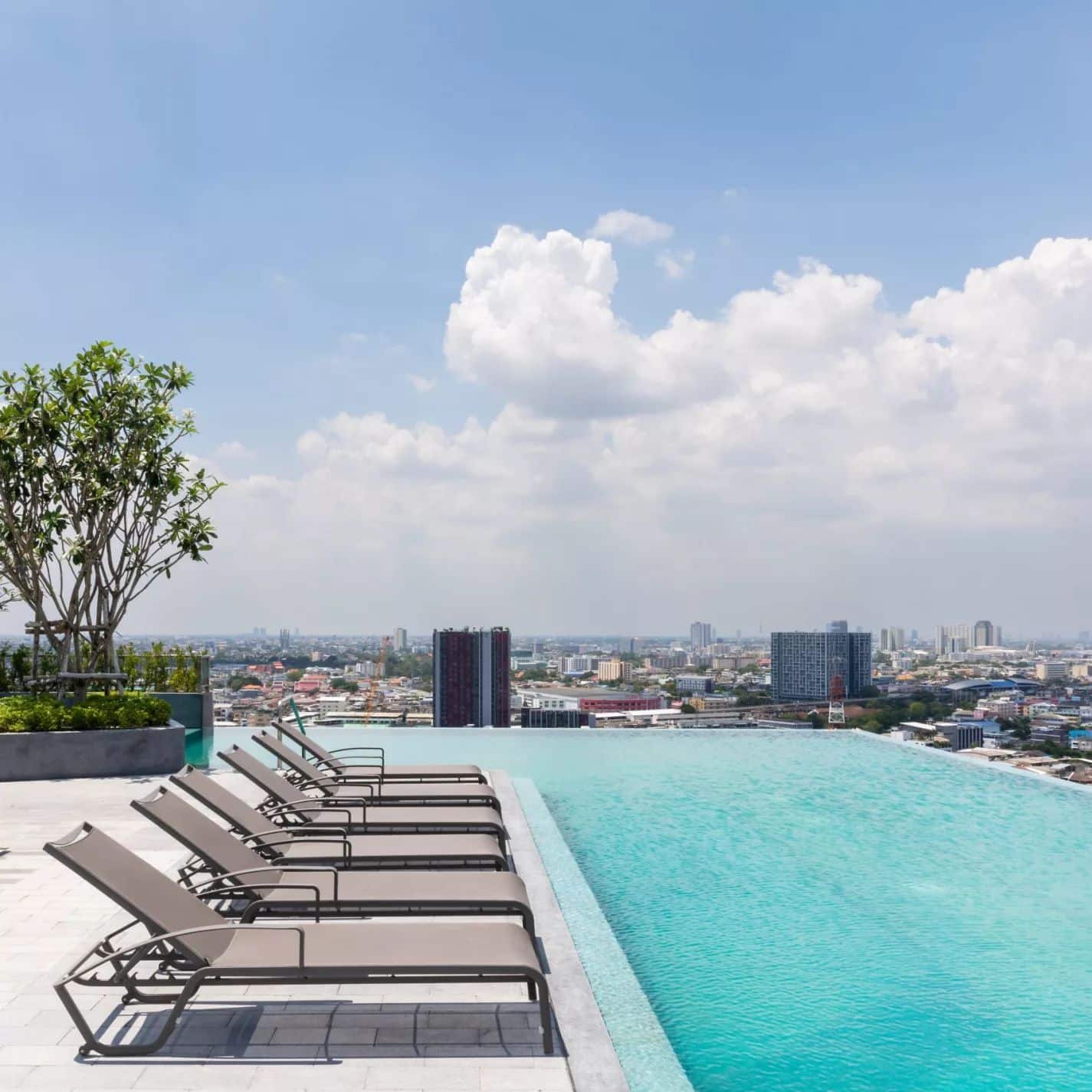 roof top pool with city scape behind